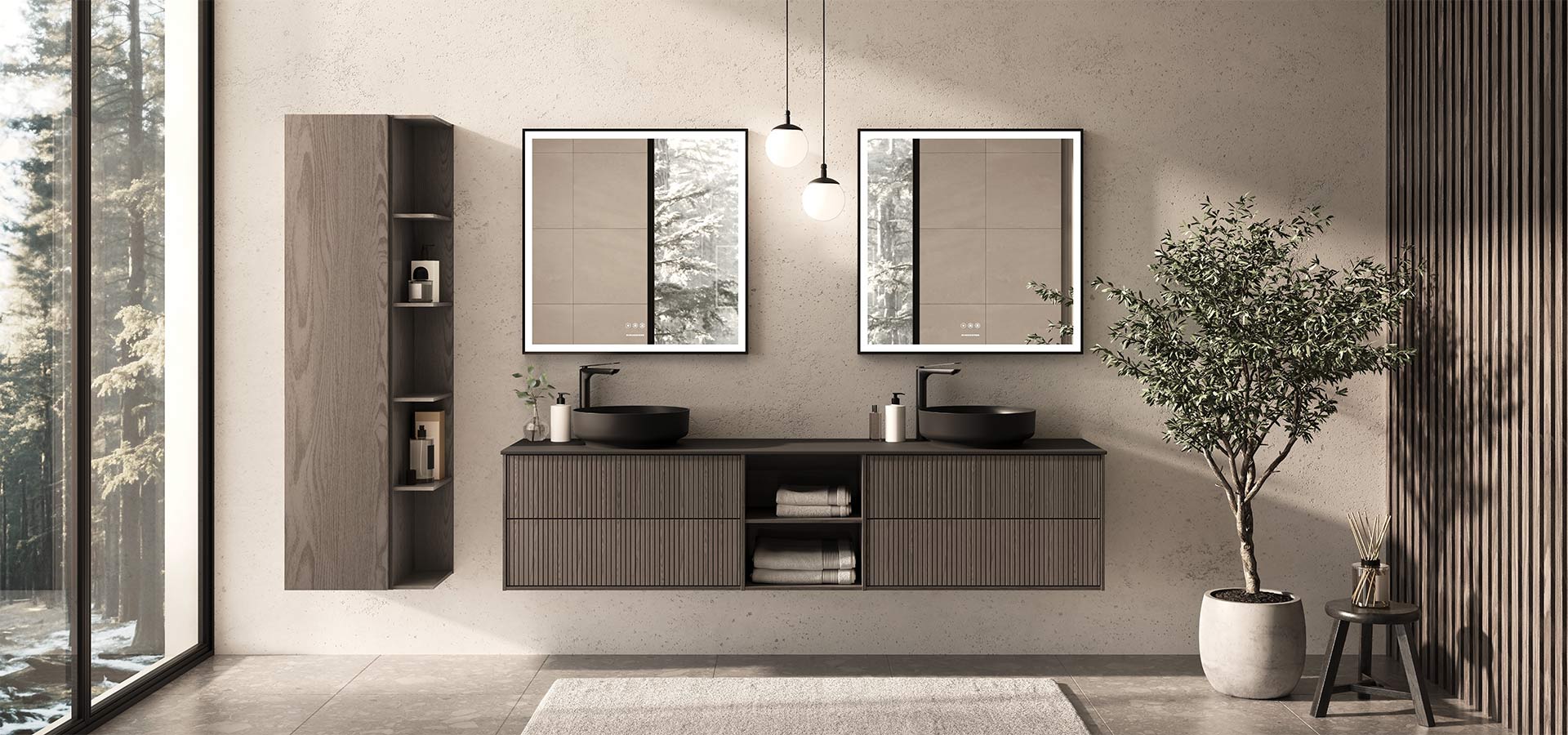 Epos vanity unit in brown ash and Ista mirror