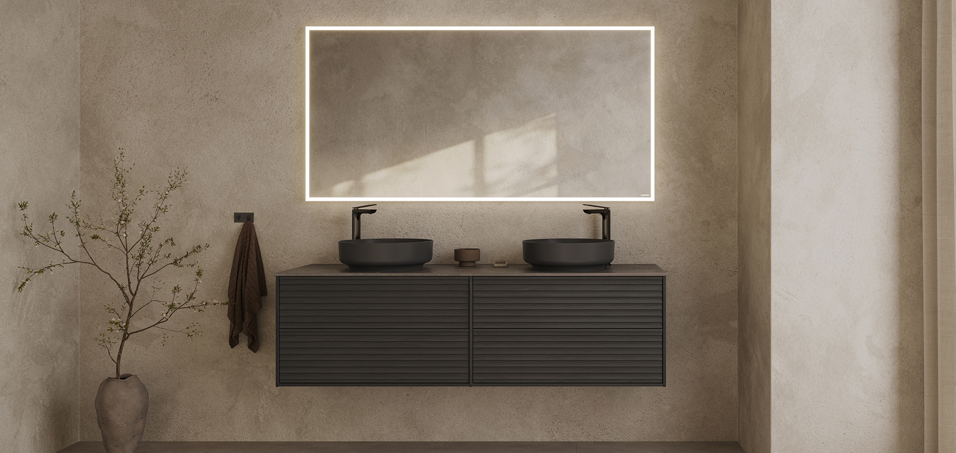 Epos vanity unit in black ash with the Jalusi front