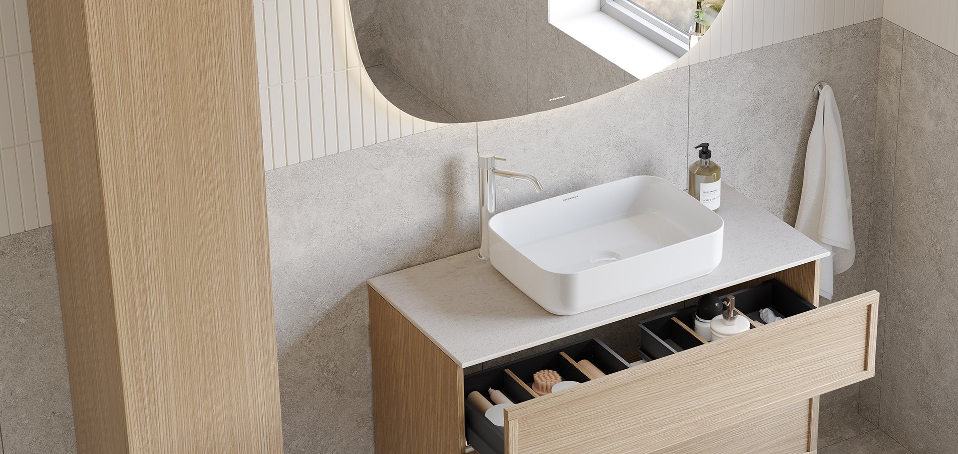 Poem vanity unit in pure oak with the Ram front