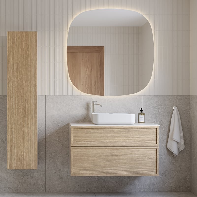 Poem vanity unit in pure oak with the Ram front