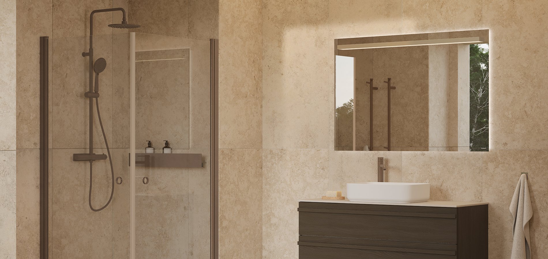 Poem vanity unit in brown ash with the List front and mocca details