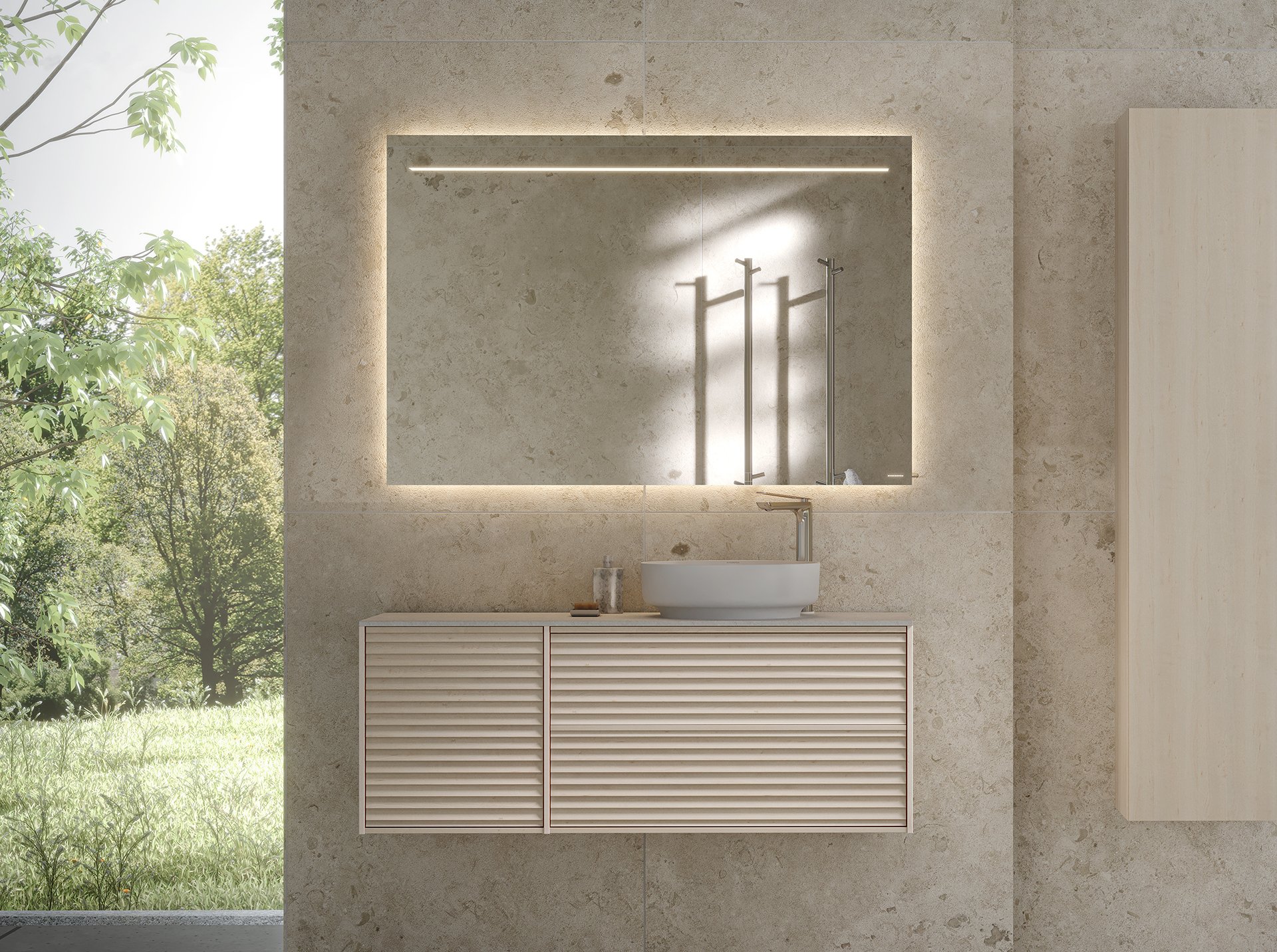 Epos vanity unit in white ash with the Jalusi front