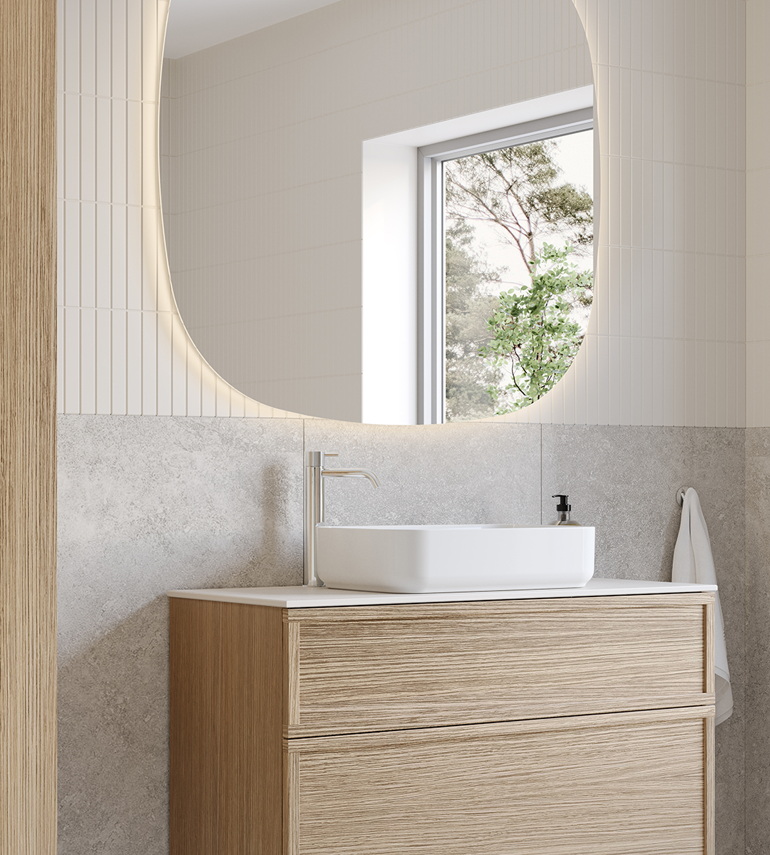 Poem vanity unit in pure oak with the Ram front