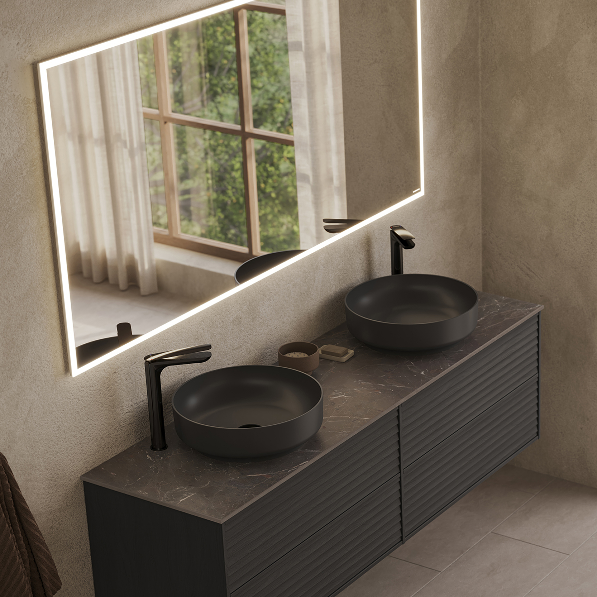 Epos vanity unit in black ash with Jalusi front and Brecc worktop