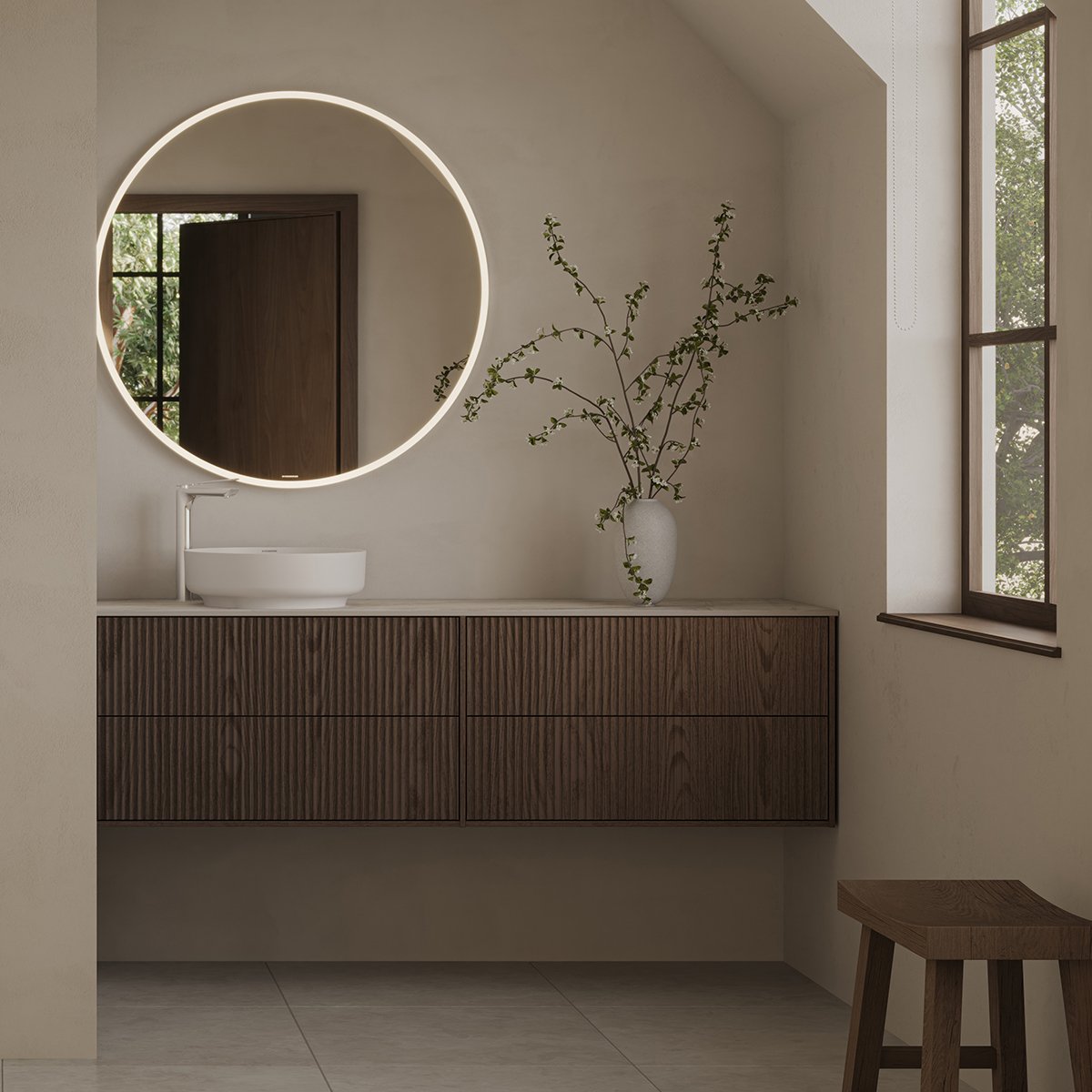 Epos vanity unit in brown ash with Svall front