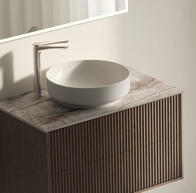 Epos vanity unit in brown ash with Svall front and Silva worktop