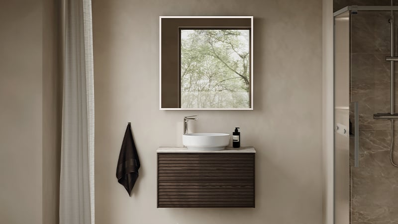Epos vanity unit in brown ash with Svall front
