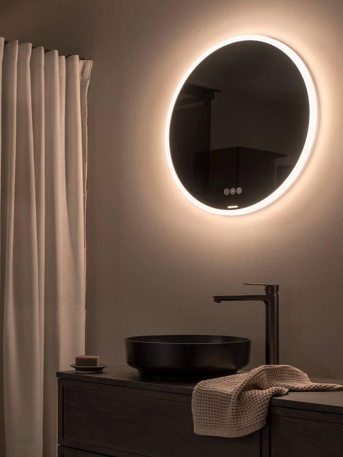 Valje mirror with LED lighting and Poem washbasin cupboard