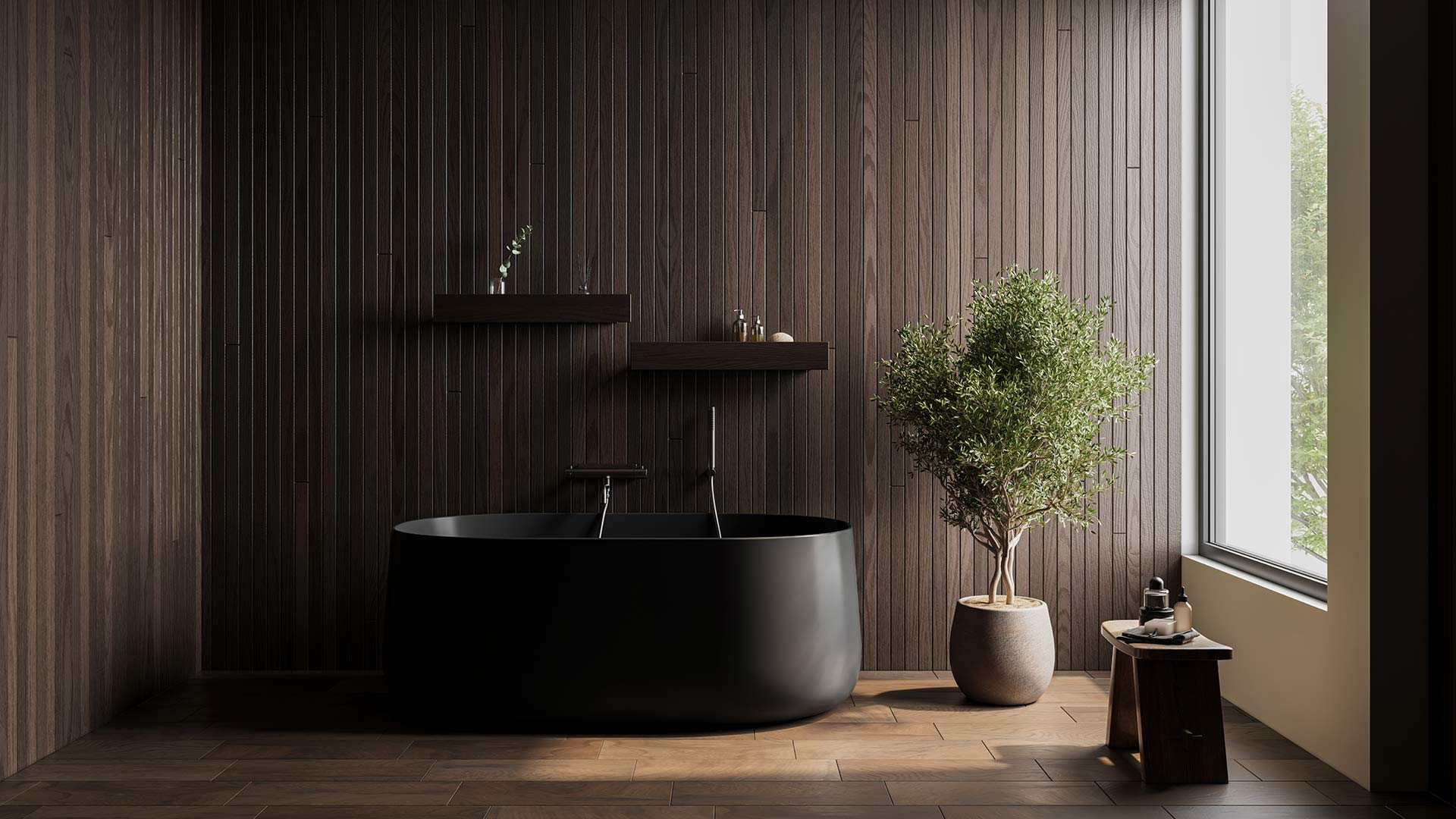 Auren bath in black matt and with our Front wall shelf