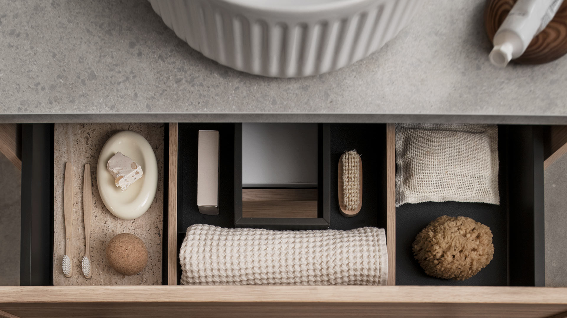 Poem bathroom storage with counter top washbasins