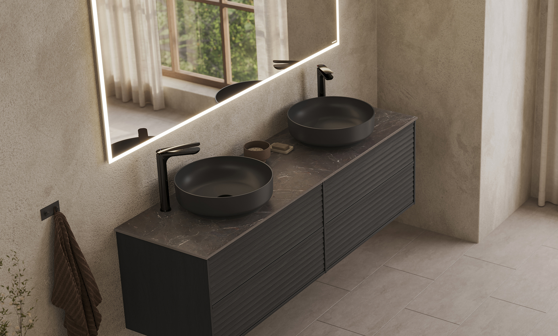 Epos vanity unit in black ash with the Jalusi front