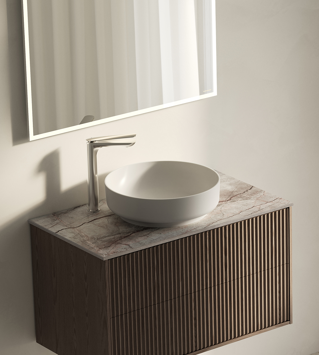 Epos vanity unit in brown ash with the Svall front and Silva worktop