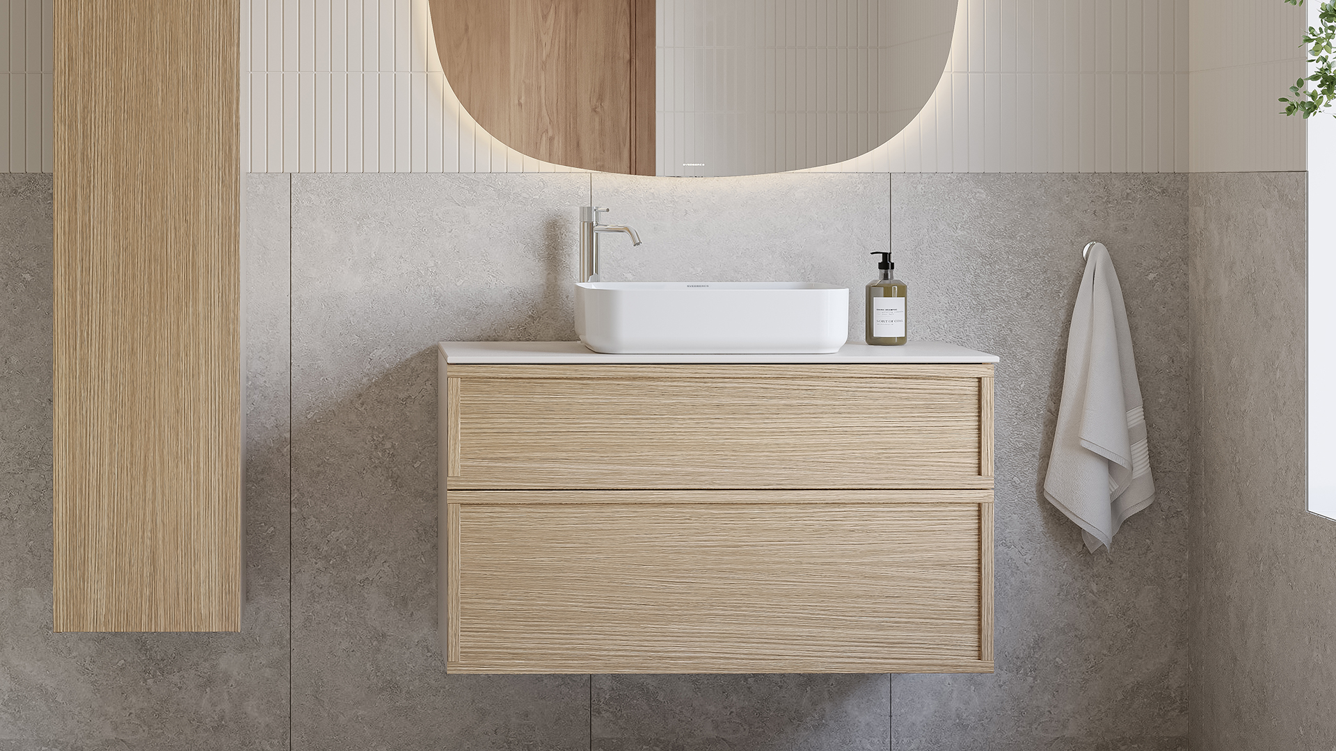 Poem washbasin cupboards in pure oak and with integrated handles.
