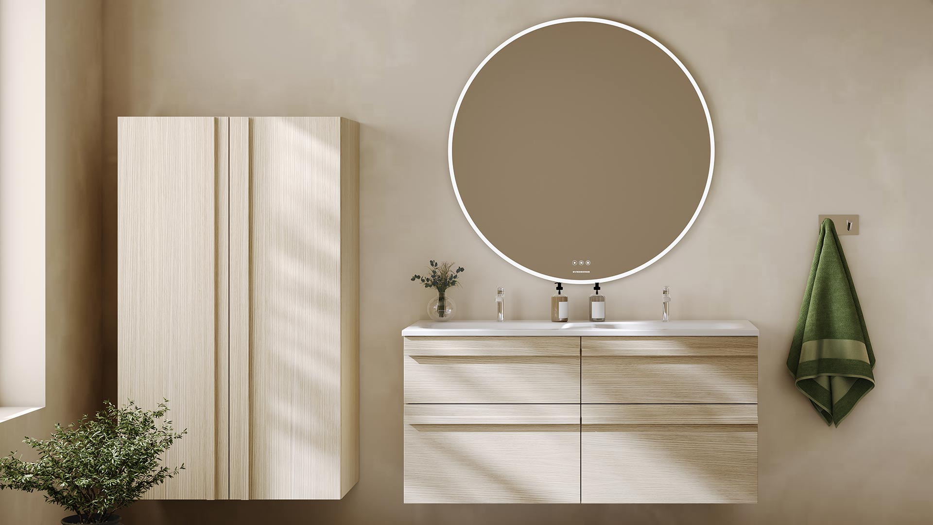 Poem washbasin cupboards in pure oak and with integrated handles.