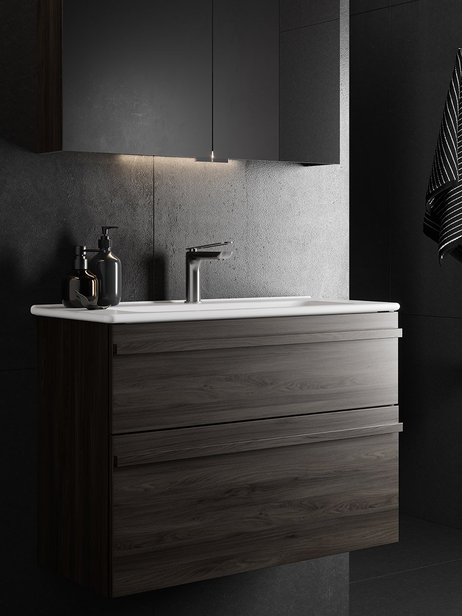 Poem bathroom furniture in black ash with integrated handles