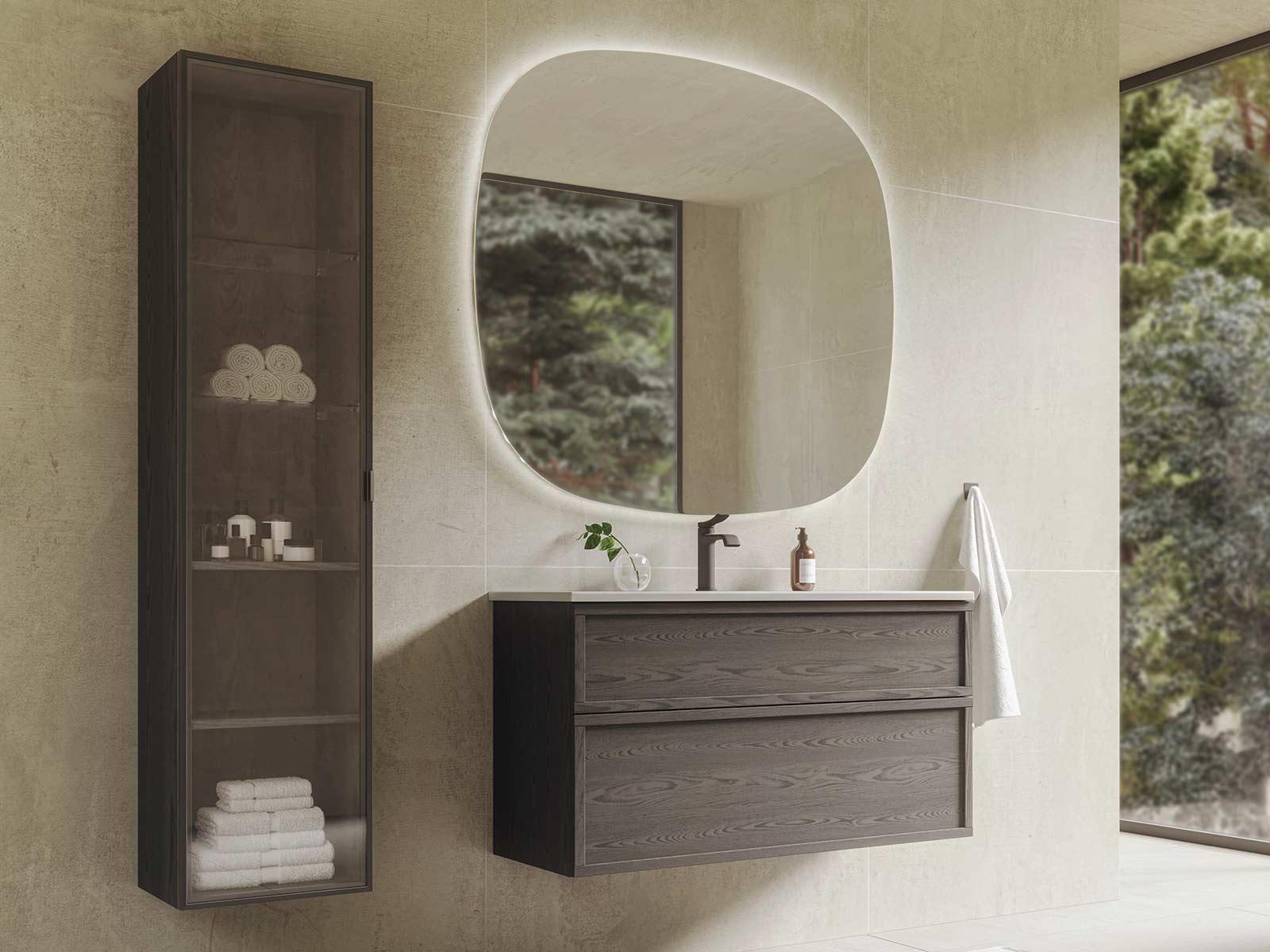 Poem bathroom furniture in brown ash and the Norra mirror