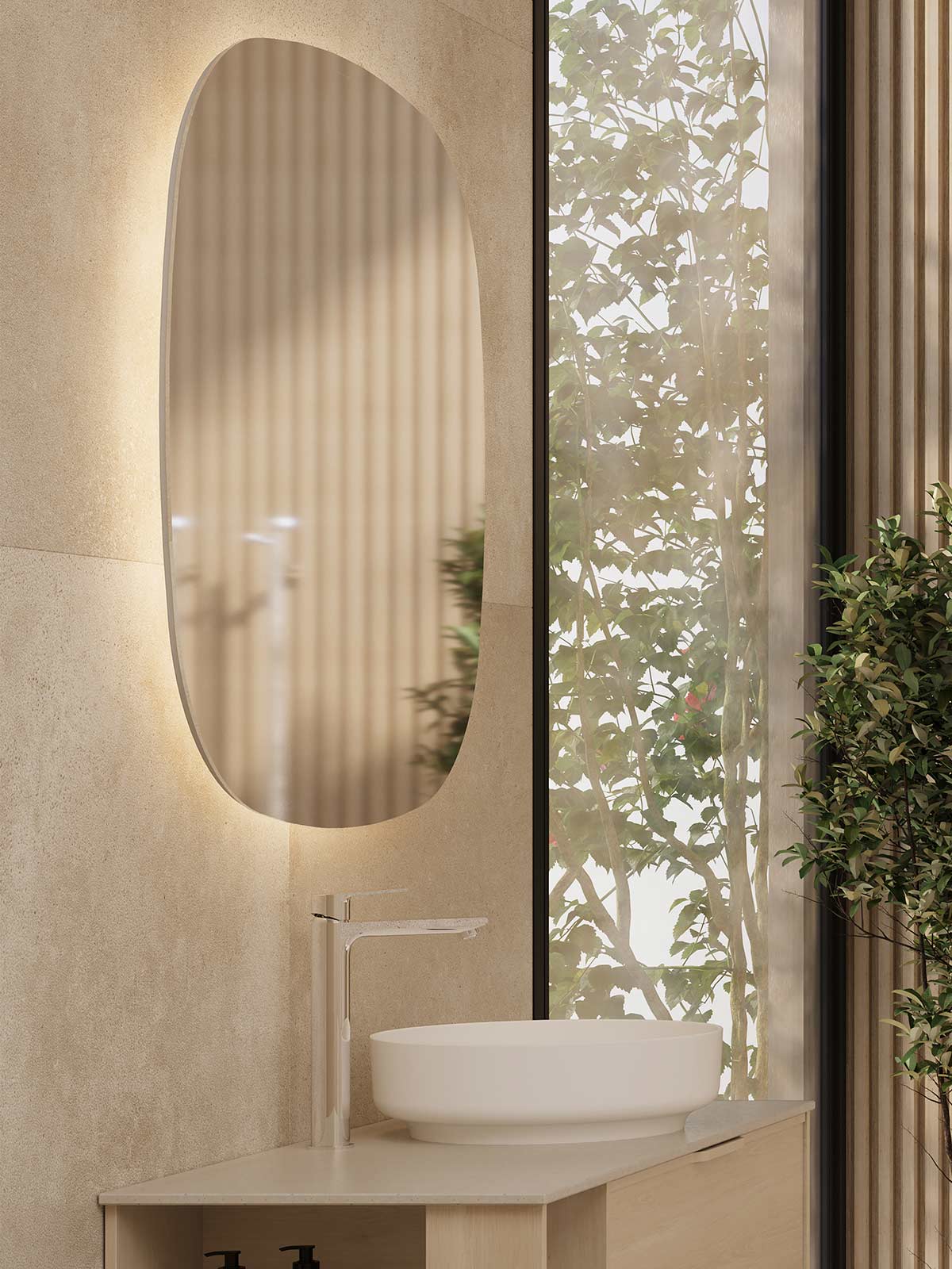 Norra mirror and Epos bathroom furniture in white ash with countertop washbasin