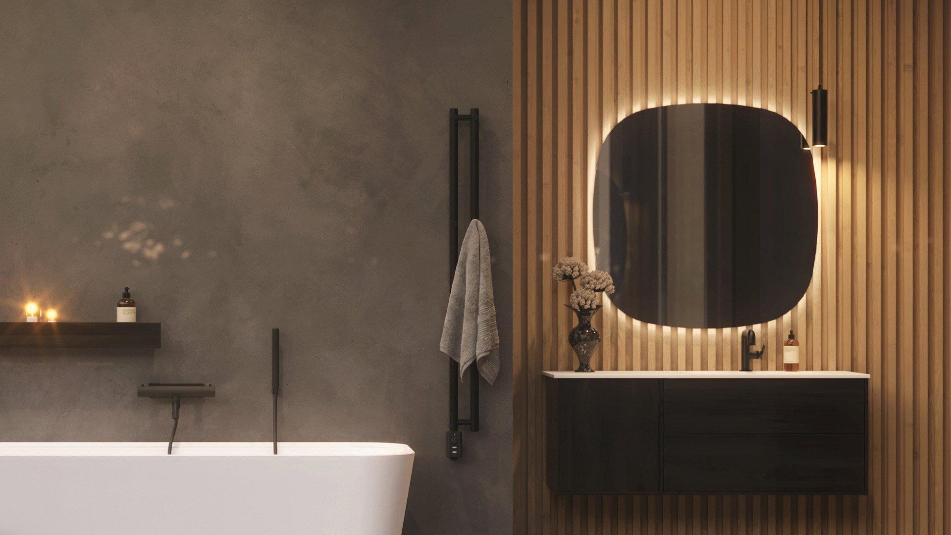 Epos bathroom furniture in brown ash with the Norra mirror