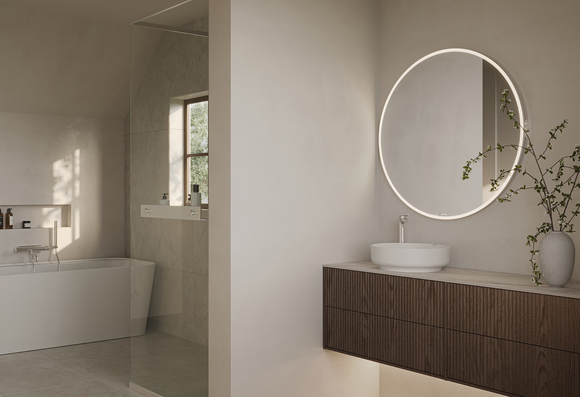 Epos vanity unit in brown ash with the Svall front and Hov mirror