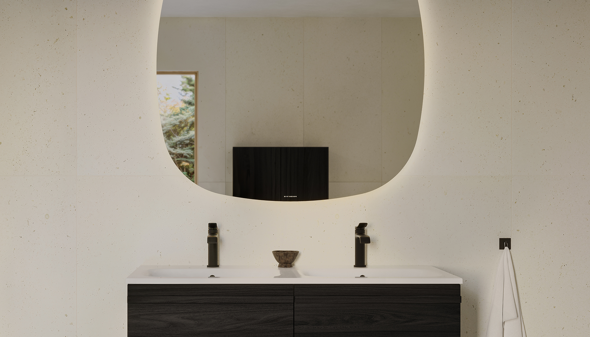 Poem vanity unit in black ash and Norra mirror