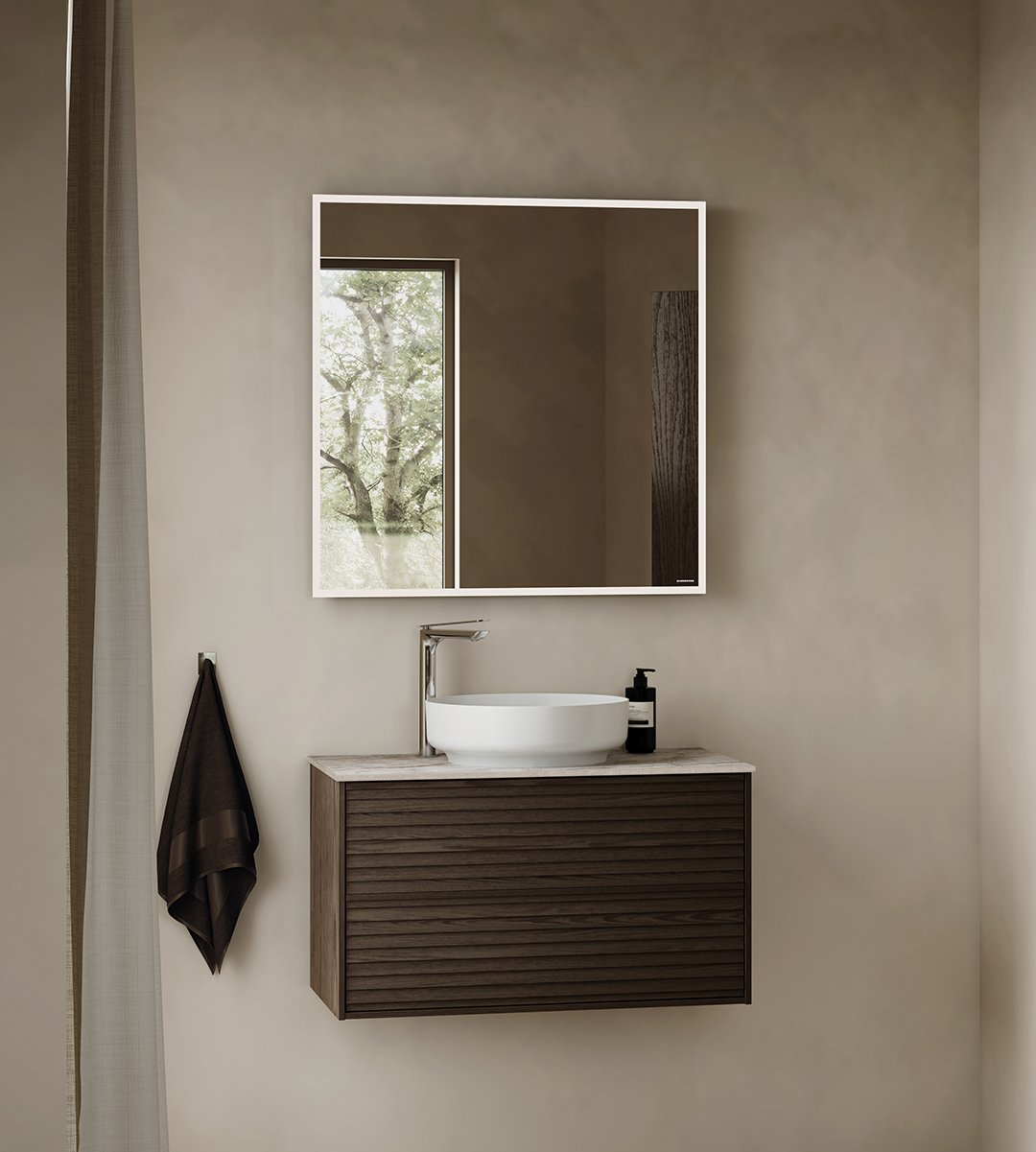 Epos vanity unit in brown ash with Jalusi front