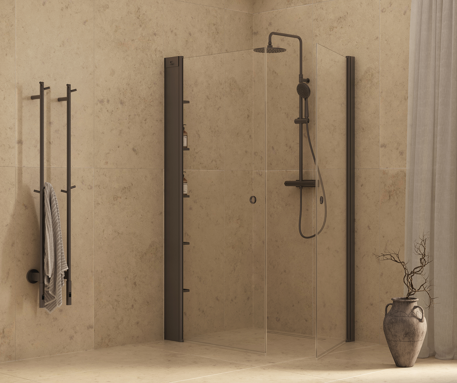 Skoga corner shower and Amor towel warmer in mocca