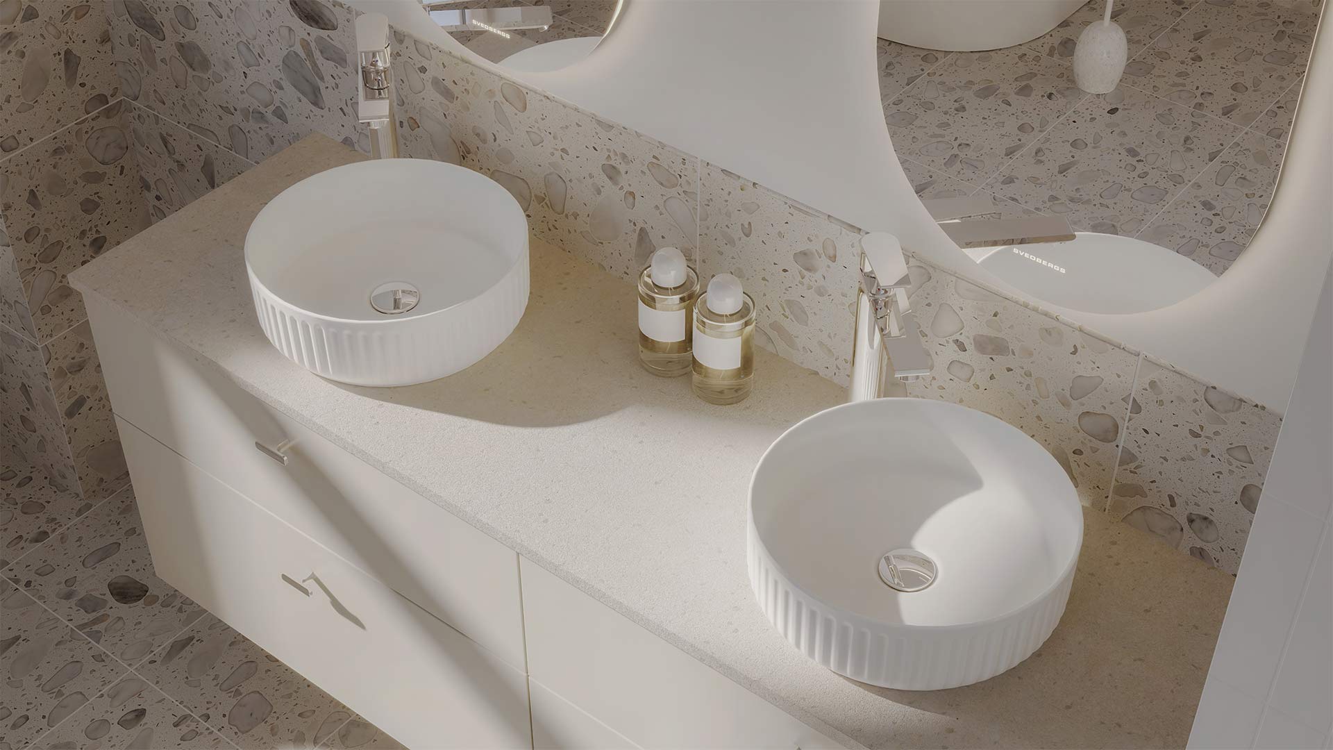 Poem 160 cm vanity unit in Sand, wall-mounted. Light worktop with two porcelain washbasins and two oval mirrors.