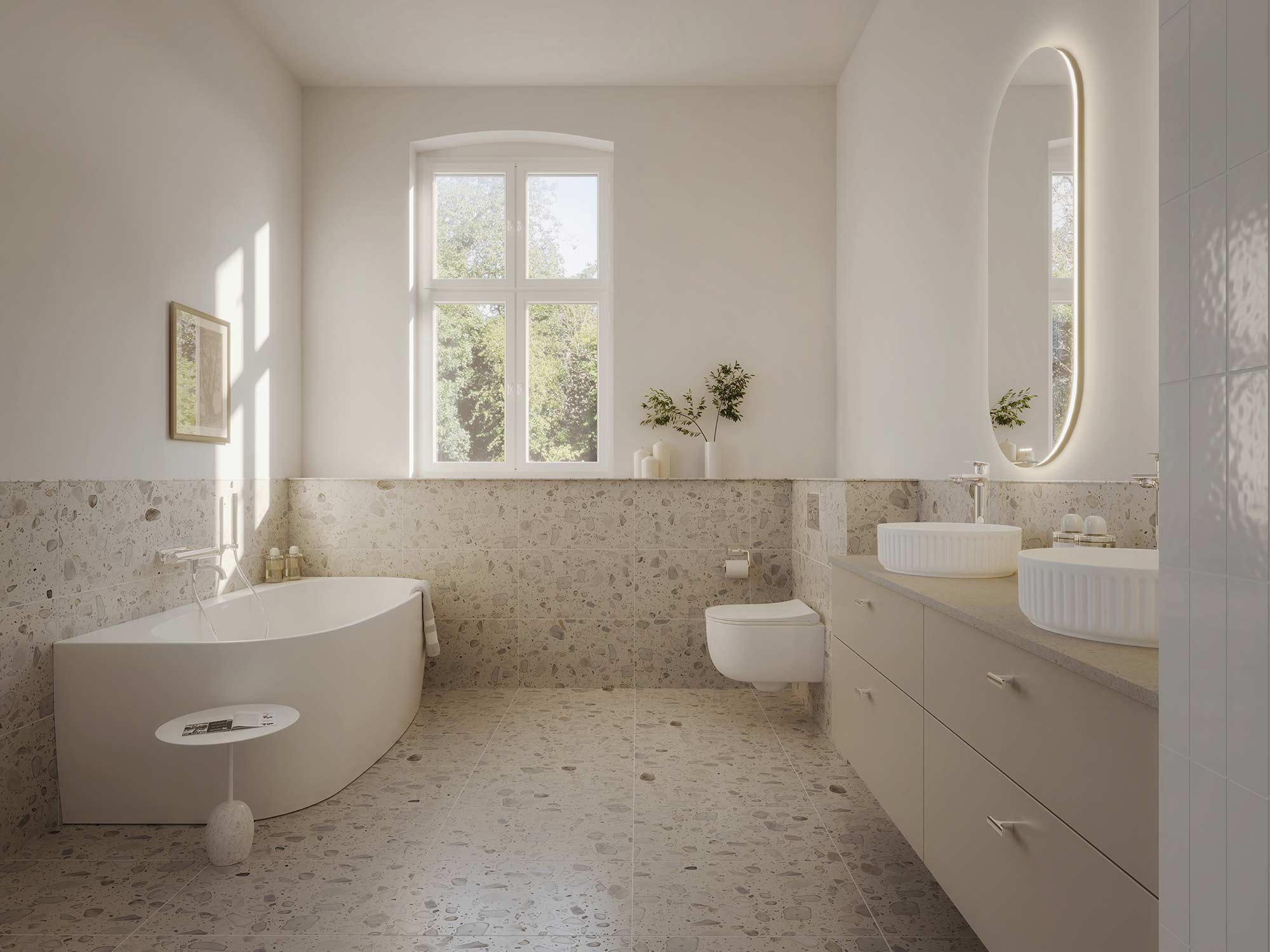 Poem 160 cm vanity unit in Sand, wall-mounted. WC and bath positioned against the wall.erskab 160 cm i farven sand monteret på væg. Toilet og badekar placeret mod væg.