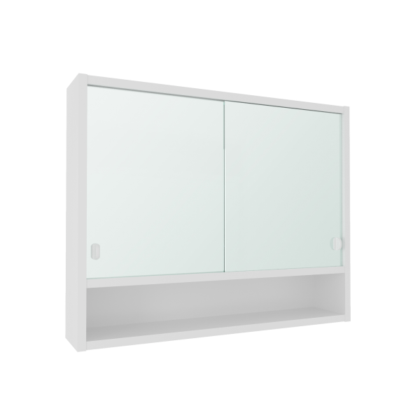 A65 mirror cabinet 65 cm in white with two mirror doors and open shelf at the bottom, without lighting.