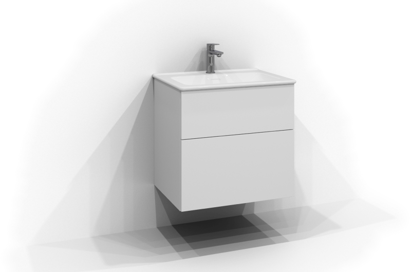 Poem vanity unit, 60 cm wide, wall-mounted, in white with two drawers without handles. White ceramic washbasin with chrome single-lever mixer mounted in the centre of the washbasin.