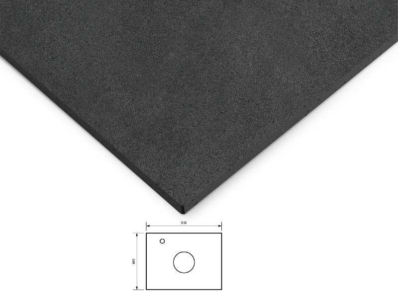 Slate work top 60 cm in a dark and intense finish. Washbasin centred on the worktop, chrome single-lever mixer to the left of the basin.