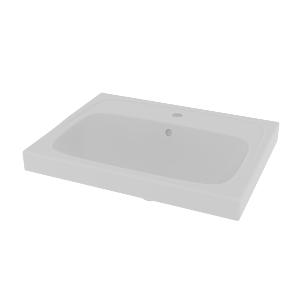 Washbasin Deep in white porcelain, 60x45 cm, with tap hole and overflow. Angled top view, transparent background.