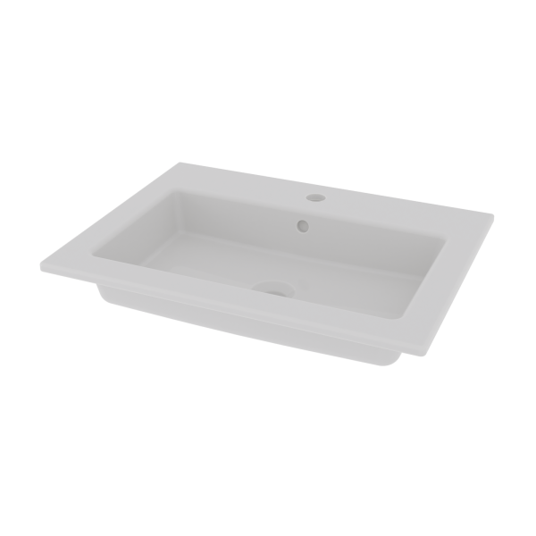 Washbasin Floen in white porcelain, 60x45 cm, with tap hole and overflow. Angled top view, transparent background.