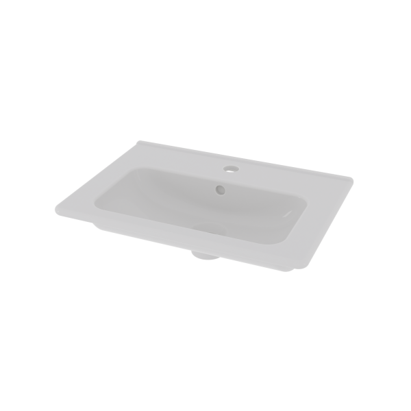 Washbasin Hav in white porcelain, 50x35 cm, with tap hole and overflow. Angled top view, transparent background.