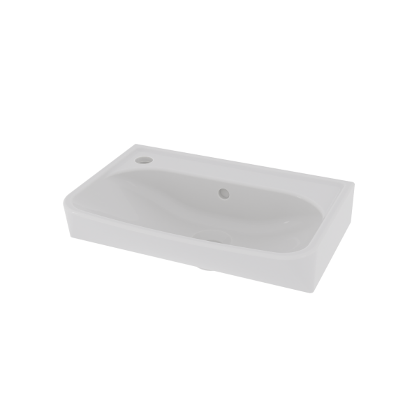 Washbasin Skapa in white porcelain, 45x25 cm, with tap hole and overflow. Angled top view, transparent background.