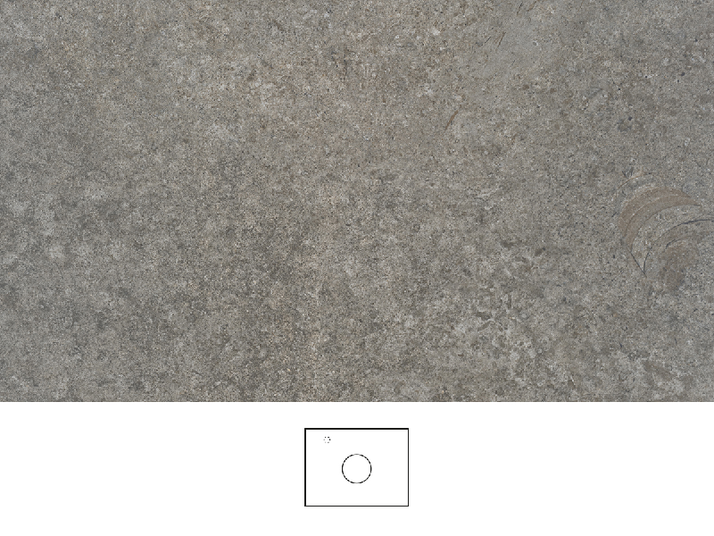 Mineral work top 60 cm in a warm grey stone look with natural variation and a matt texture. Washbasin centred on the worktop, chrome single-lever mixer to the left of the basin.