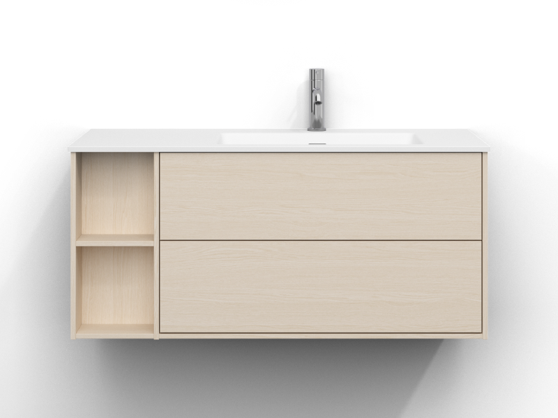 Epos vanity unit, 100 cm wide, wall-mounted, in white ash with two drawers, without handle. White mineral composite washbasin with bowl on the right and chrome single-lever mixer mounted on the right side of the washbasin.
