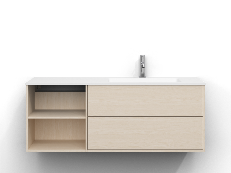 Epos vanity unit, 120 cm wide, wall-mounted, in white ash with two drawers and one open shelf, without handle. White mineral composite washbasin with bowl on the right and chrome single-lever mixer mounted on the right side of the washbasin.