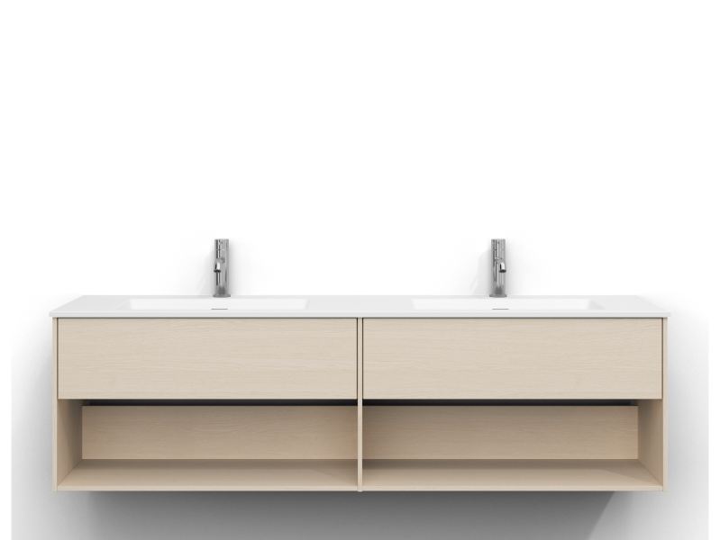 Epos vanity unit, 160 cm wide, wall-mounted, in white ash with two drawers and two open shelves, without handle. White mineral composite washbasin with two bowls and chrome single-lever mixers mounted by each bowl.