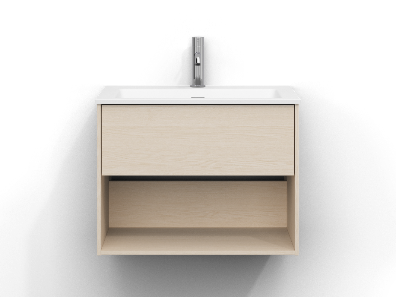 Epos vanity unit, 60 cm wide, wall-mounted, in white ash with one drawer and one open shelf, without handle. White ceramic washbasin with chrome single-lever mixer mounted in the centre of the washbasin.