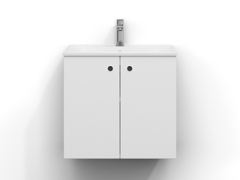 Intro vanity unit 60 cm wide, wall-mounted, in matt white with two doors and finger grip. White ceramic washbasin with chrome single-lever mixer mounted in the centre of the washbasin.