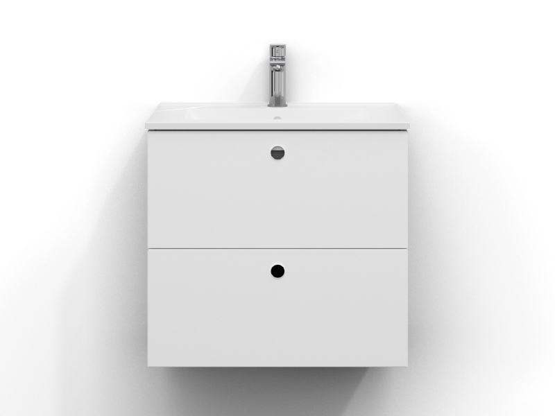 Intro vanity unit 60 cm wide, wall-mounted, in matt white with two drawers and finger grip. White ceramic washbasin with chrome single-lever mixer mounted in the centre of the washbasin.