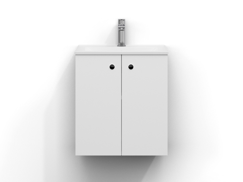 Intro vanity unit 50 cm wide, wall-mounted, in matt white with two doors and finger grip. White ceramic washbasin with chrome single-lever mixer mounted in the centre of the washbasin.