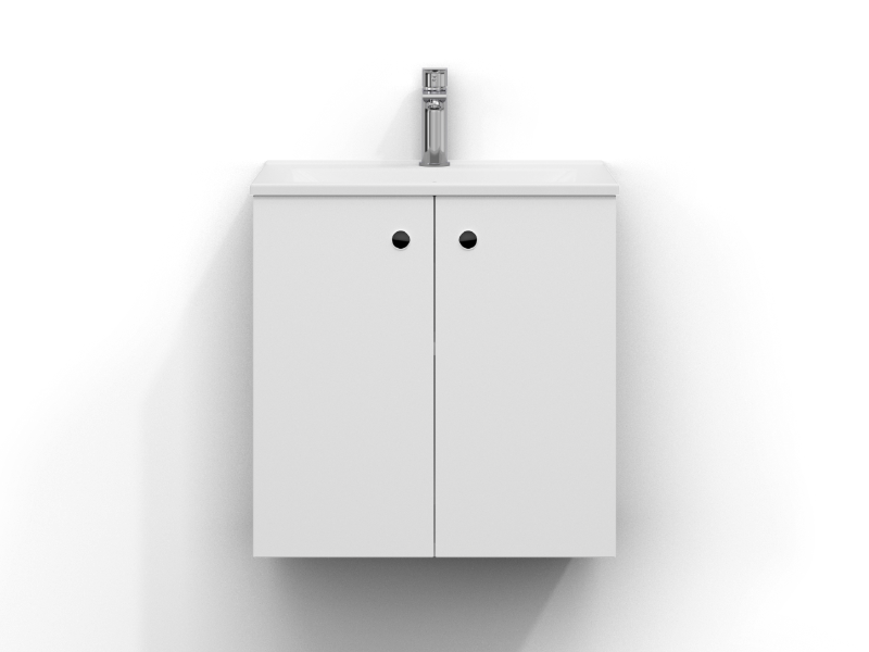 Intro vanity unit 55 cm wide, wall-mounted, in matt white with two doors and finger grip. White ceramic washbasin with chrome single-lever mixer mounted in the centre of the washbasin.