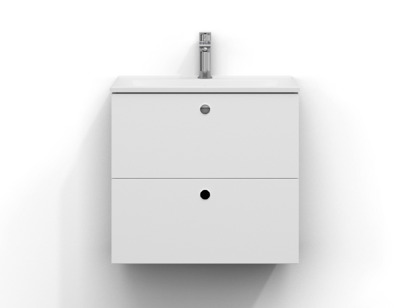 Intro vanity unit 60 cm wide, wall-mounted, in matt white with two drawers and finger grip. White ceramic washbasin with chrome single-lever mixer mounted in the centre of the washbasin.