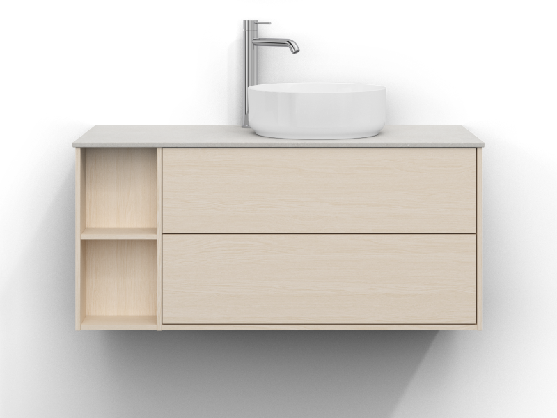 Epos vanity unit, 100 cm wide, wall-mounted, in white ash with two drawers, without handle. Beric work top 100 cm in a light limestone look with a silky matte finish and subtle texture. Washbasin positioned on the right side of the worktop, chrome single-lever mixer to the left of the basin.