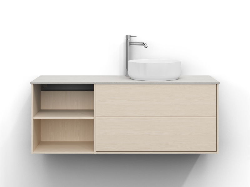 Epos vanity unit, 120 cm wide, wall-mounted, in white ash with two drawers and one open shelf, without handle. Beric work top 120 cm in a light limestone look with a silky matte finish and subtle texture. Washbasin positioned on the right side of the worktop, chrome single-lever mixer to the left of the basin.