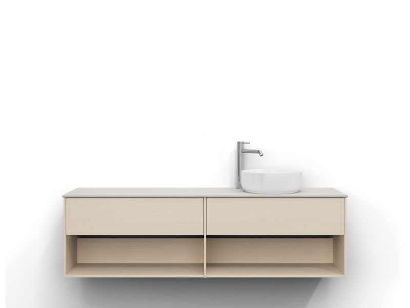 Epos vanity unit, 160 cm wide, wall-mounted, in white ash with two drawers and two open shelves, without handle. Beric work top 160 cm in a light limestone look with a silky matte finish and subtle texture. Washbasin positioned on the right side of the worktop, chrome single-lever mixer to the left of the basin.