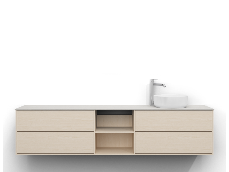 Epos vanity unit, 200 cm wide, wall-mounted, in white ash with four drawers and one open shelf, without handle. Beric work top 200 cm in a light limestone look with a silky matte finish and subtle texture. Washbasin positioned on the right side of the worktop, chrome single-lever mixer to the left of the basin.
