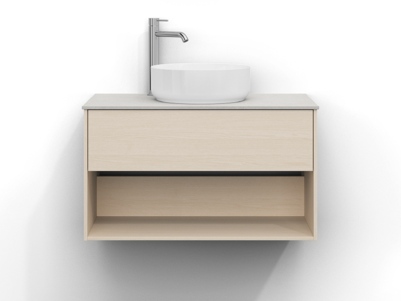 Epos vanity unit, 80 cm wide, wall-mounted, in white ash with one drawer and one open shelf, without handle. Beric work top 80 cm in a light limestone look with a silky matte finish and subtle texture. Washbasin centred on the worktop, chrome single-lever mixer to the left of the basin.